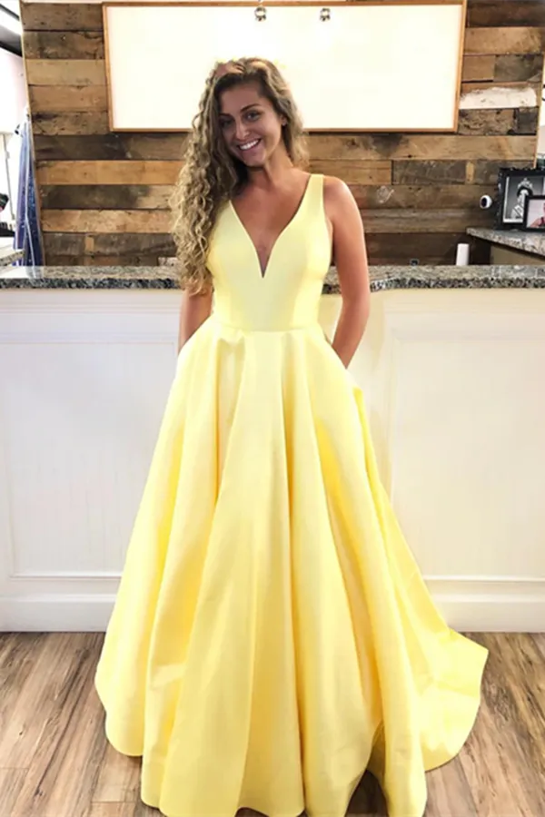 Anneprom A Line V Neck Yellow Prom Dresses, Yellow V Neck Formal Graduation Evening Dresses APP0603