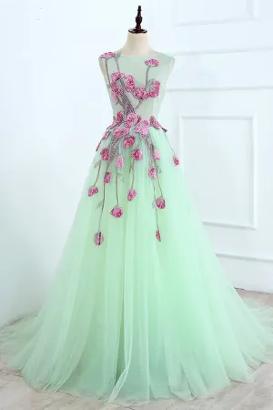 Anneprom Beautiful A line Scoop Blue Long Prom Dress Floral Formal Dresses Evening Gowns APP0573