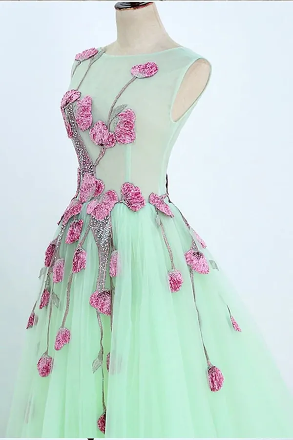 Anneprom Beautiful A line Scoop Blue Long Prom Dress Floral Formal Dresses Evening Gowns APP0573