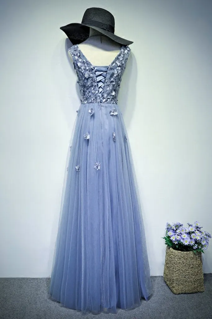 Anneprom Charming Appliques Tulle Formal Floor Length Blue Long Prom Dress APP0409