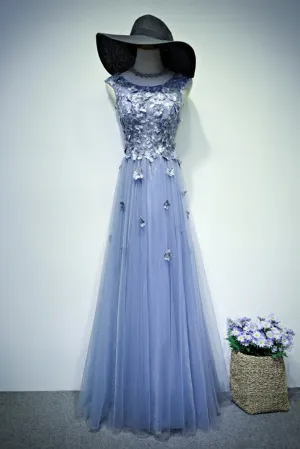 Anneprom Charming Appliques Tulle Formal Floor Length Blue Long Prom Dress APP0409