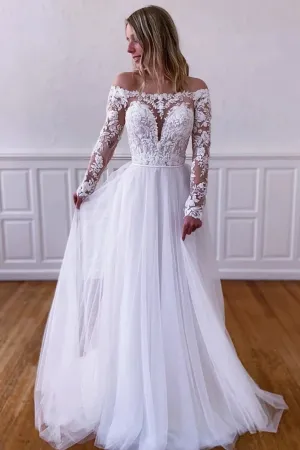 Anneprom Elegant Long Sleeves White Lace Wedding Dress, White Lace Long Prom Dress, White Formal Evening Dress APW0361