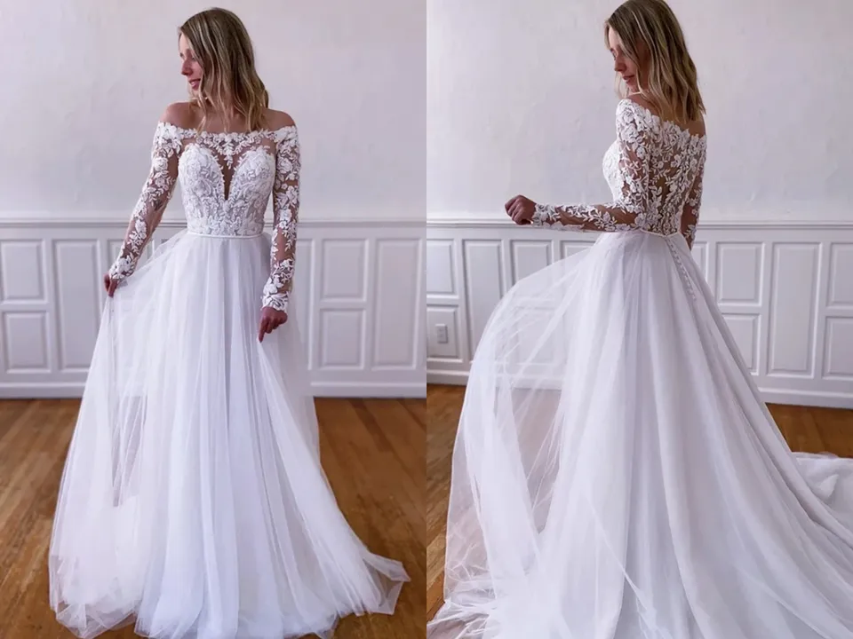 Anneprom Elegant Long Sleeves White Lace Wedding Dress, White Lace Long Prom Dress, White Formal Evening Dress APW0361