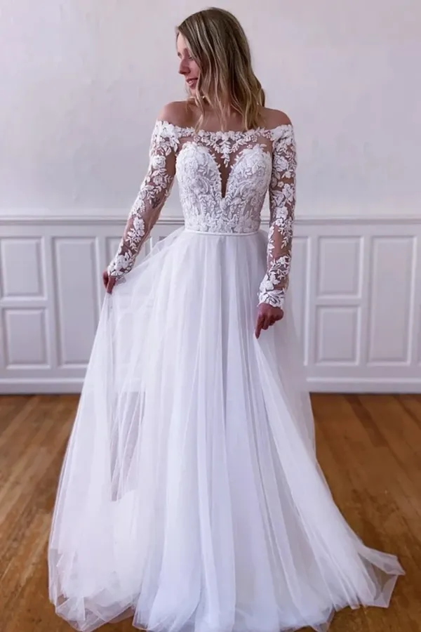 Anneprom Elegant Long Sleeves White Lace Wedding Dress, White Lace Long Prom Dress, White Formal Evening Dress APW0361