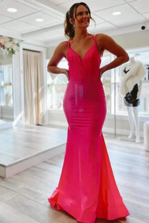 Anneprom Gorgeous Hot Pink Satin Mermaid Long Prom Dress With Tiered, Formal Dress APP0693