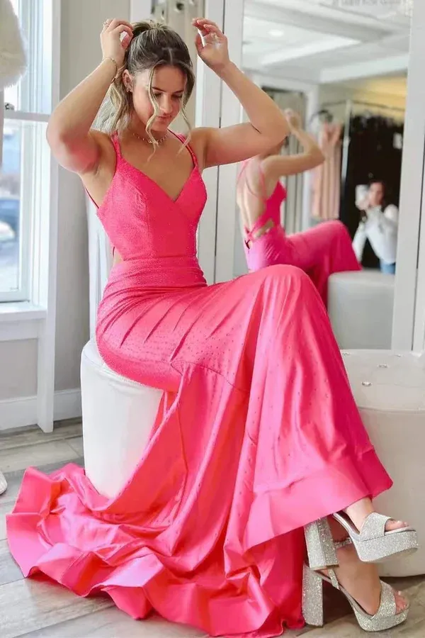 Anneprom Gorgeous Hot Pink Satin Mermaid Long Prom Dress With Tiered, Formal Dress APP0693