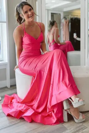 Anneprom Gorgeous Hot Pink Satin Mermaid Long Prom Dress With Tiered, Formal Dress APP0693