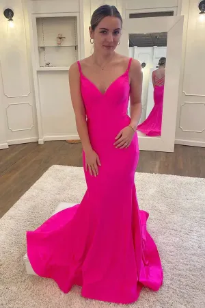 Anneprom Hot Pink Satin V Neck Backless Mermaid Prom Dress,Formal Evening Gown APP0639