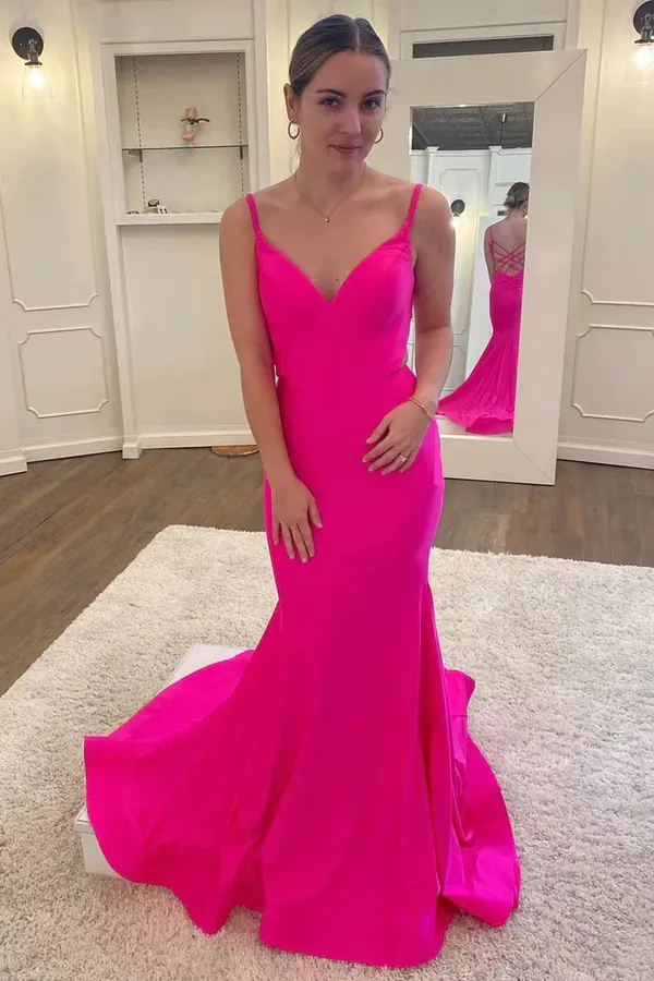 Anneprom Hot Pink Satin V Neck Backless Mermaid Prom Dress,Formal Evening Gown APP0639