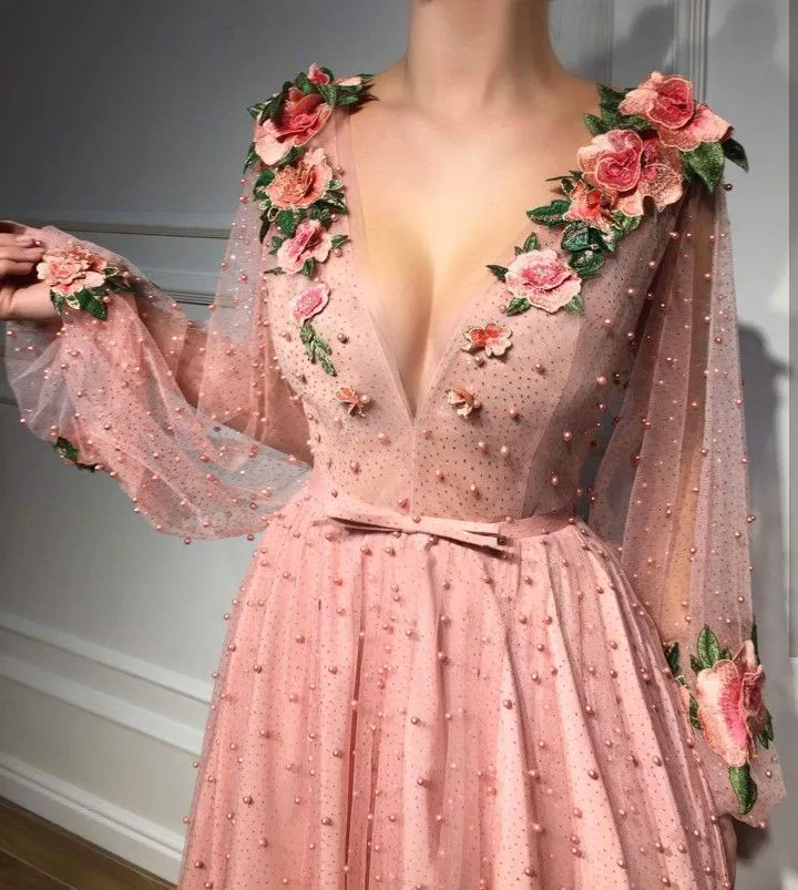 Anneprom Long Sleeves V Neck 3D Flowers Pink Prom Dresses Formal Dresses APP0298