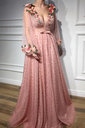 Anneprom Long Sleeves V Neck 3D Flowers Pink Prom Dresses Formal Dresses APP0298