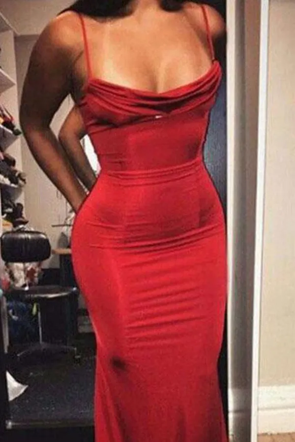 Anneprom Mermaid Red Long Prom Dresses, Spaghetti Straps Evening Formal Dress APP0431