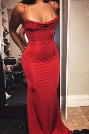 Anneprom Mermaid Red Long Prom Dresses, Spaghetti Straps Evening Formal Dress APP0431