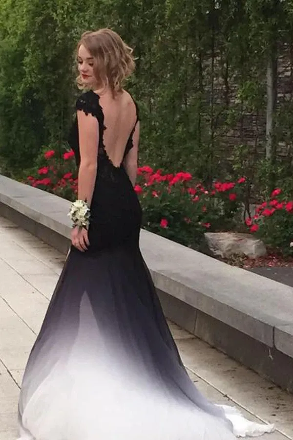 Anneprom Ombre Trumpet Court Train Capeed Sleeve Appliques Side Slit Prom Dress, Formal Dress APP0514