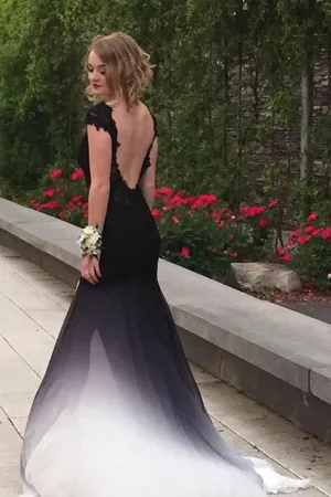 Anneprom Ombre Trumpet Court Train Capeed Sleeve Appliques Side Slit Prom Dress, Formal Dress APP0514