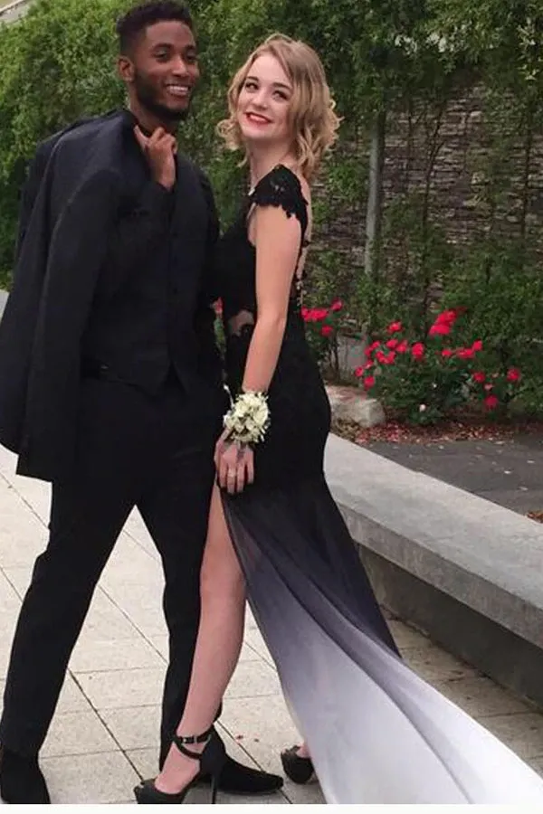 Anneprom Ombre Trumpet Court Train Capeed Sleeve Appliques Side Slit Prom Dress, Formal Dress APP0514