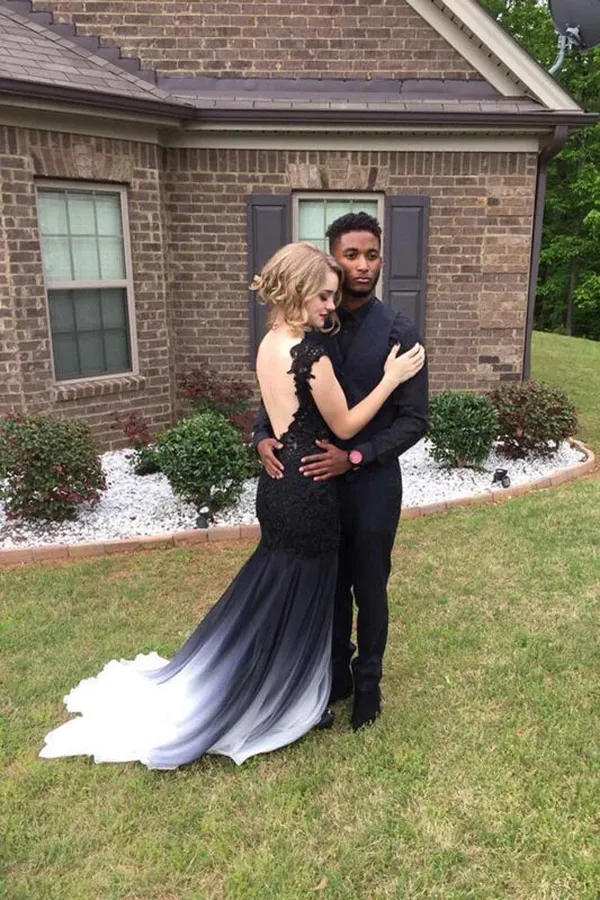 Anneprom Ombre Trumpet Court Train Capeed Sleeve Appliques Side Slit Prom Dress, Formal Dress APP0514