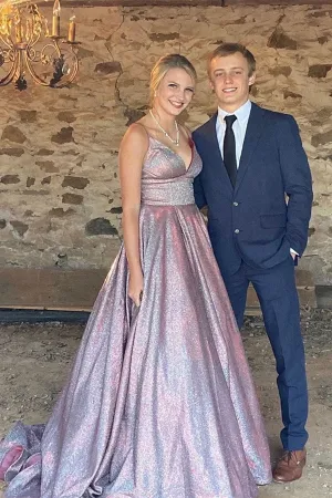 Anneprom Shiny A line V neck Spaghetti Straps Long Prom Dresses, Formal Dresses APP0519