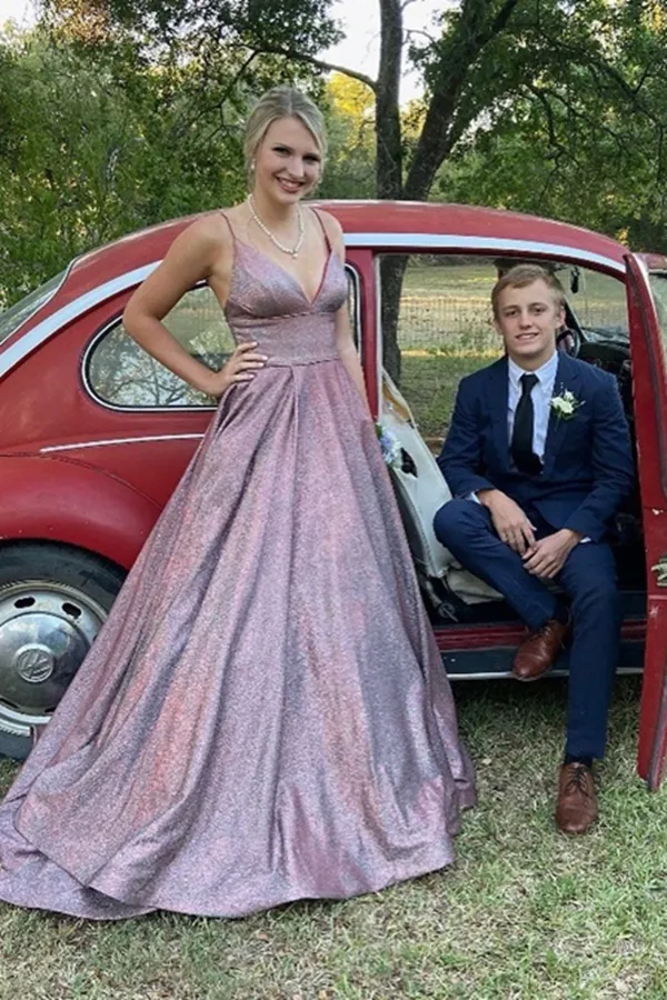 Anneprom Shiny A line V neck Spaghetti Straps Long Prom Dresses, Formal Dresses APP0519