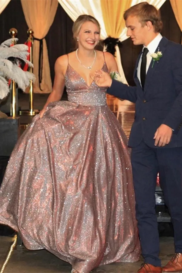 Anneprom Shiny A line V neck Spaghetti Straps Long Prom Dresses, Formal Dresses APP0519