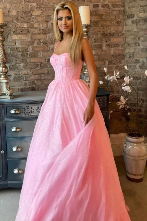 Anneprom Shiny Pink Tulle Spaghetti Straps Sparkly Long Prom Formal Evening Dress APP0685