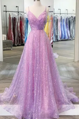 Anneprom Shiny V Neck Backless Lilac Prom Dresses with Straps, Formal Dresses, Purple Evening Dresses APP0495