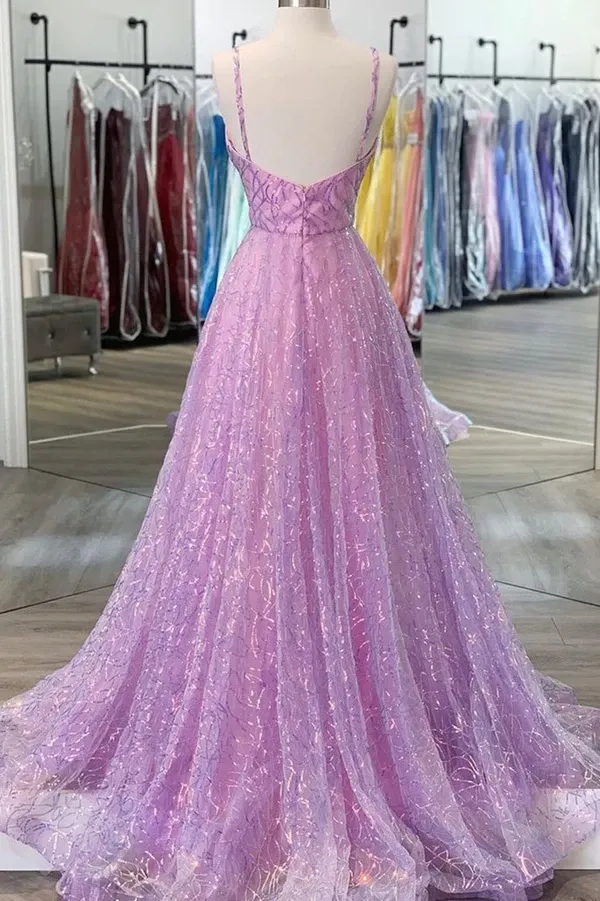 Anneprom Shiny V Neck Backless Lilac Prom Dresses with Straps, Formal Dresses, Purple Evening Dresses APP0495
