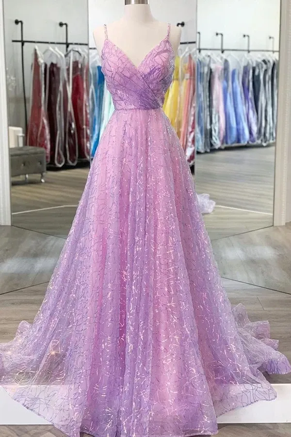 Anneprom Shiny V Neck Backless Lilac Prom Dresses with Straps, Formal Dresses, Purple Evening Dresses APP0495