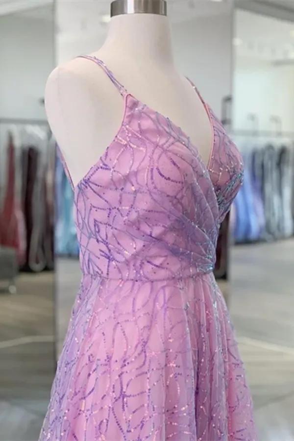Anneprom Shiny V Neck Backless Lilac Prom Dresses with Straps, Formal Dresses, Purple Evening Dresses APP0495