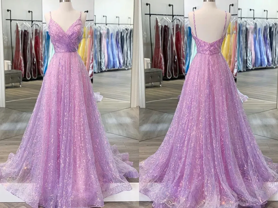Anneprom Shiny V Neck Backless Lilac Prom Dresses with Straps, Formal Dresses, Purple Evening Dresses APP0495