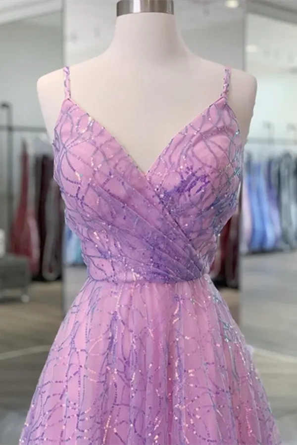 Anneprom Shiny V Neck Backless Lilac Prom Dresses with Straps, Formal Dresses, Purple Evening Dresses APP0495