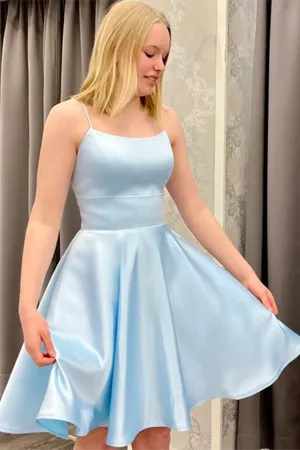 Anneprom Short Backless Sky Blue Satin Prom Dresses, Light Blue Open Back Satin Formal Graduation Dresses APP0650