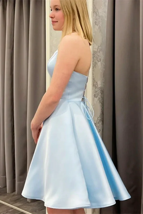 Anneprom Short Backless Sky Blue Satin Prom Dresses, Light Blue Open Back Satin Formal Graduation Dresses APP0650