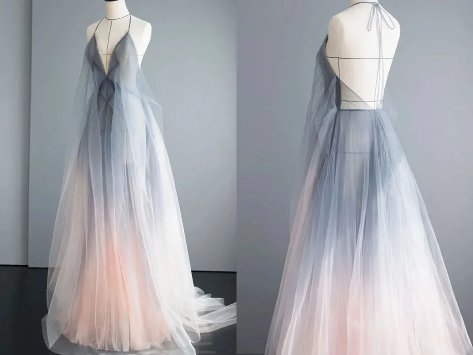 Anneprom Simple Deep V Neck Ombre Tulle Halter Sleeveless Prom Dresses Backless Formal Dresses APP0501
