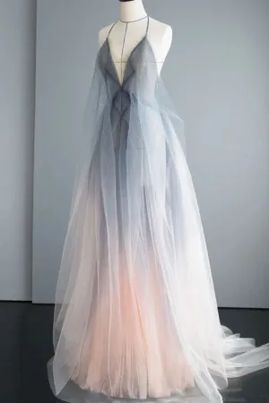 Anneprom Simple Deep V Neck Ombre Tulle Halter Sleeveless Prom Dresses Backless Formal Dresses APP0501