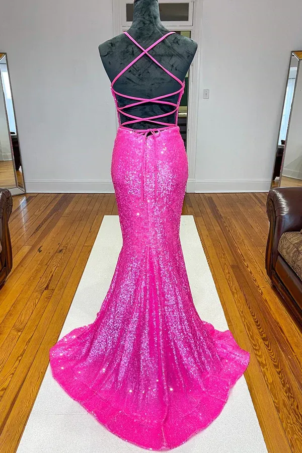 Anneprom Sparkle Hot Pink Sequin Mermaid Long Prom Formal Dress APP0597