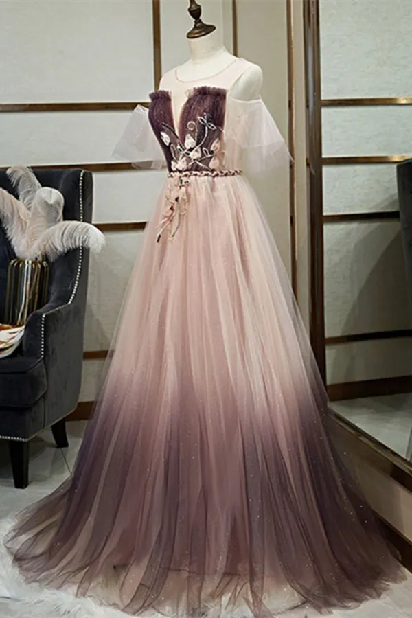Anneprom Unique A Line Tulle Applique Long Prom Dress Formal Evening Dress APP0541