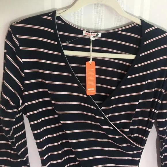 Anthropologie Sundry Fabian Striped Faux Wrap Jersey Mini Dress Blue Small Party