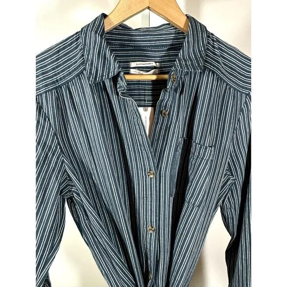 ANTHROPOLOGIE Women's Long Sleeve Belted Striped Shirt Dress Blue Size 12 - NWT