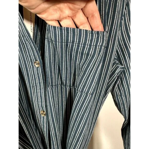 ANTHROPOLOGIE Women's Long Sleeve Belted Striped Shirt Dress Blue Size 12 - NWT