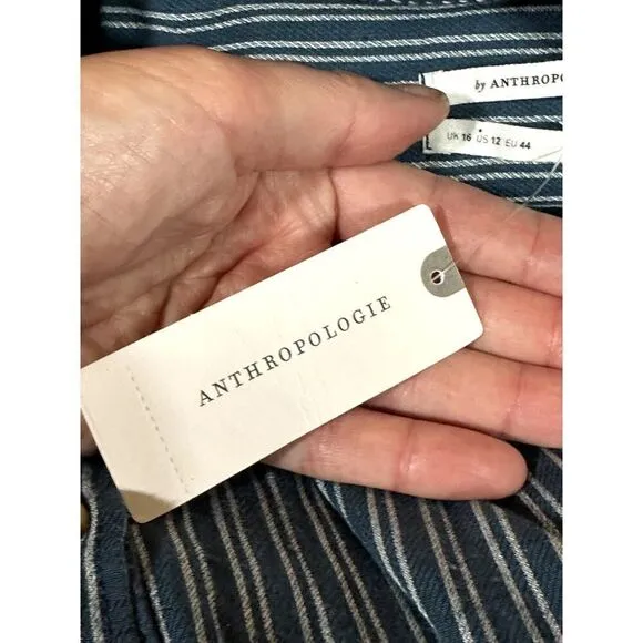 ANTHROPOLOGIE Women's Long Sleeve Belted Striped Shirt Dress Blue Size 12 - NWT