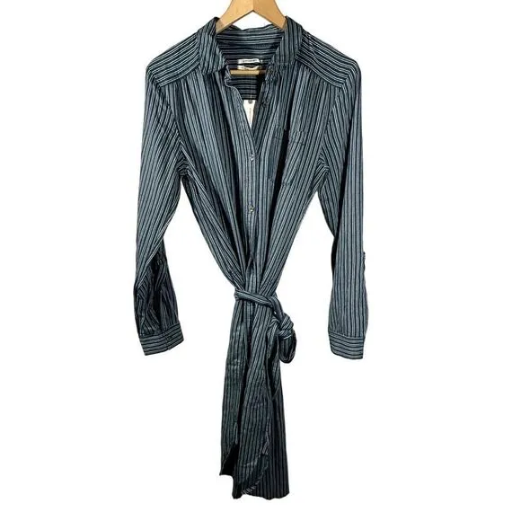 ANTHROPOLOGIE Women's Long Sleeve Belted Striped Shirt Dress Blue Size 12 - NWT