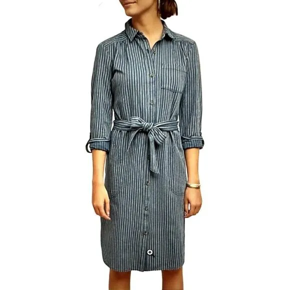 ANTHROPOLOGIE Women's Long Sleeve Belted Striped Shirt Dress Blue Size 12 - NWT