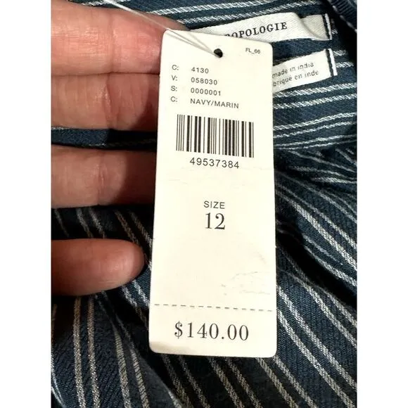 ANTHROPOLOGIE Women's Long Sleeve Belted Striped Shirt Dress Blue Size 12 - NWT