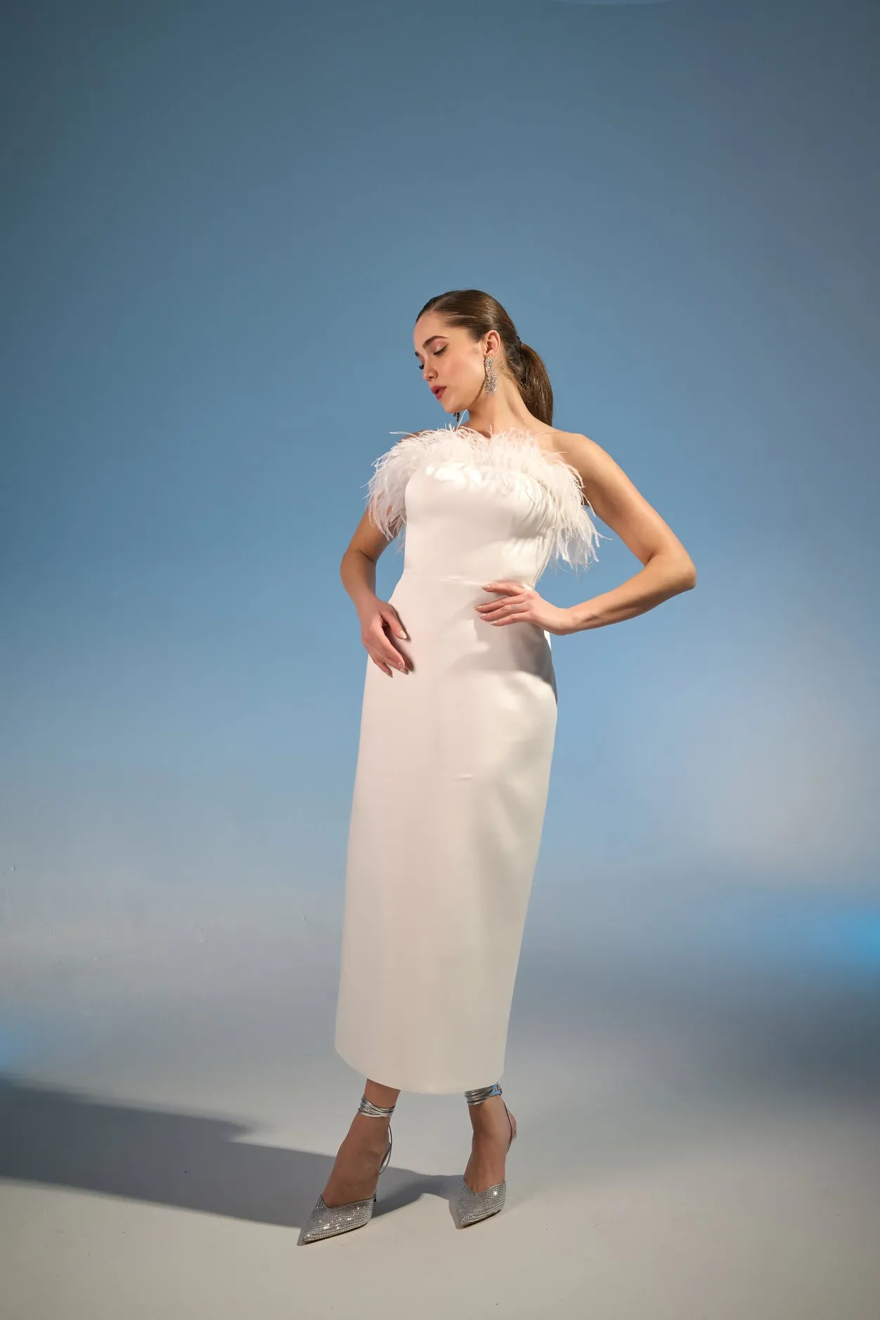 Anya midi column feather strapless dress