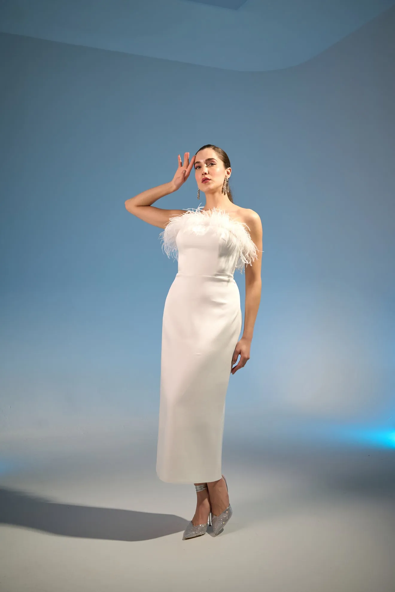 Anya midi column feather strapless dress
