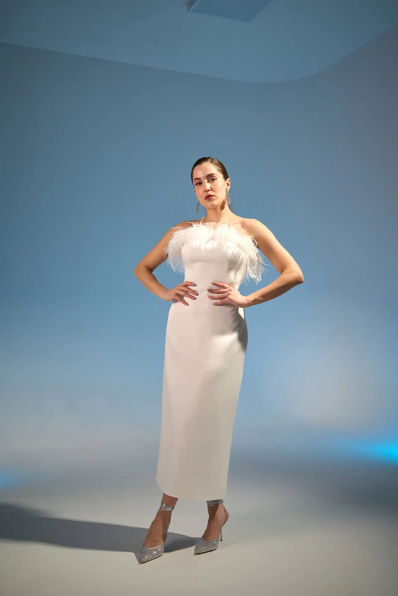Anya midi column feather strapless dress