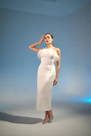 Anya midi column feather strapless dress