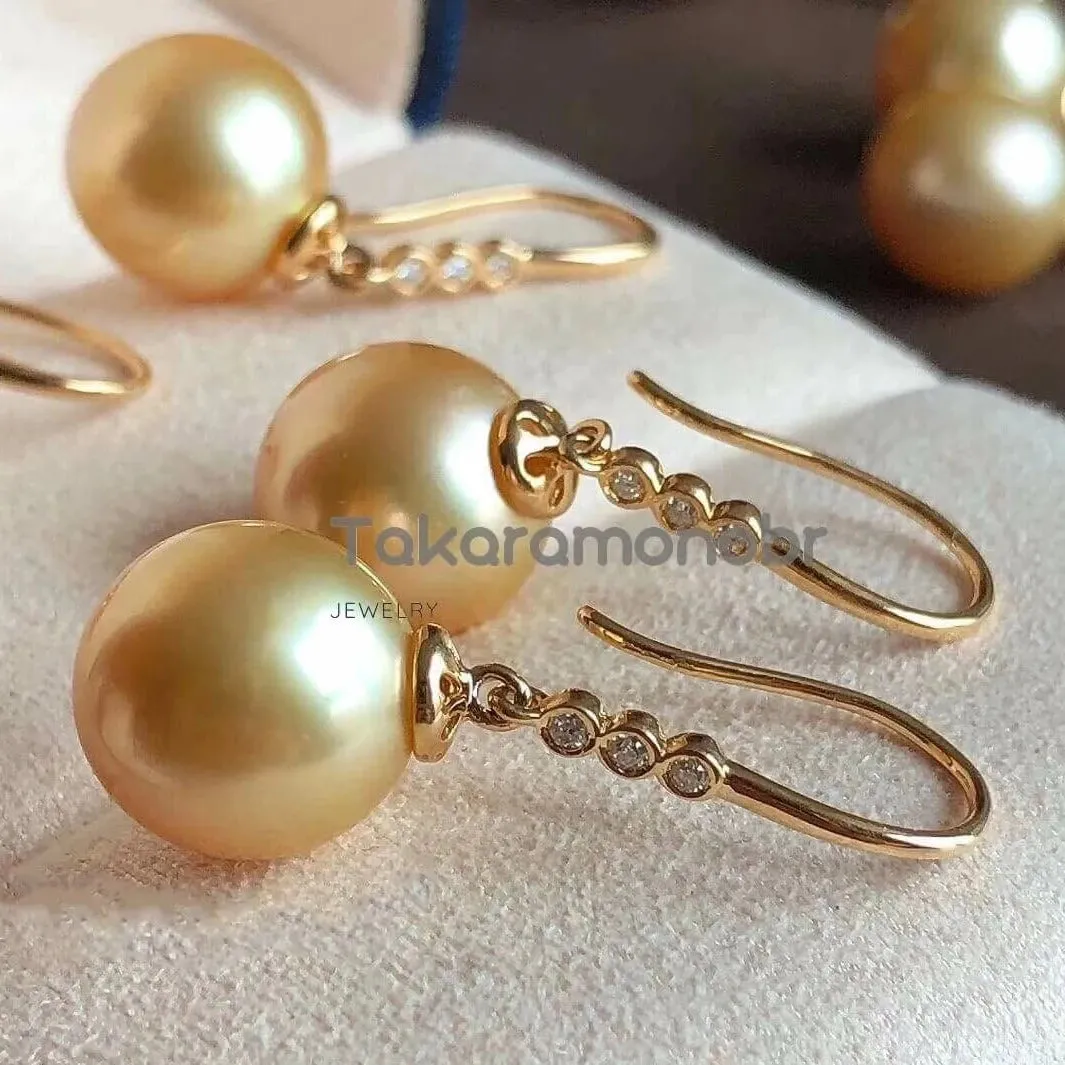Articulated Tapered Diamond and French Hook Pearl Earrings, 10.0-11.0 mm Golden South Sea Pearl