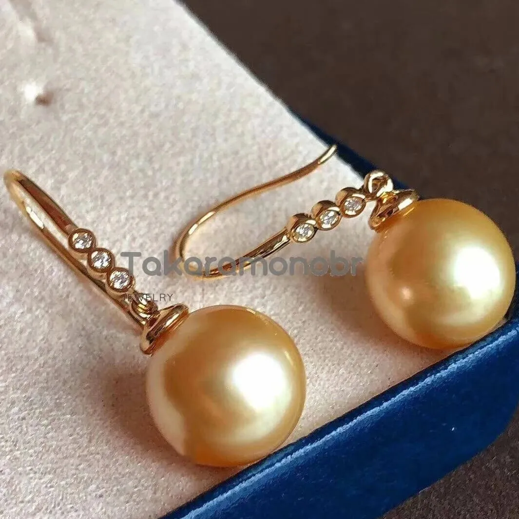 Articulated Tapered Diamond and French Hook Pearl Earrings, 10.0-11.0 mm Golden South Sea Pearl